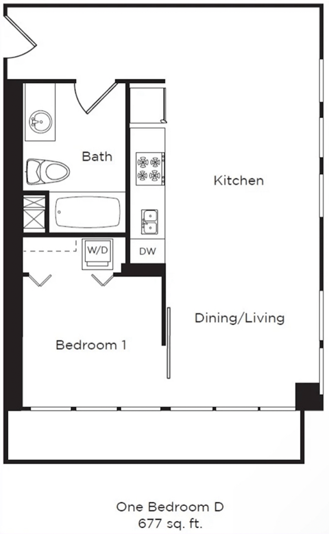 Floor plan for 1 bed, 1 bath, 677 sqft